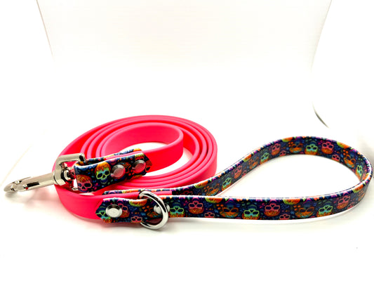 6' Biothane Leash Neon Pink & Flowers n Skulls